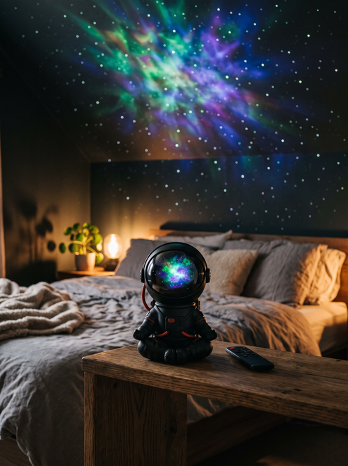 Astronaut galaxy projektor projektuje zvezdano nebo po zidu i plafonu u spavaćoj sobi